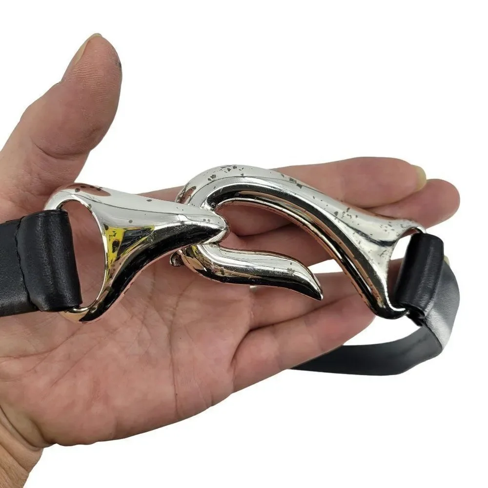 Chico's Belt Black‎ Leather Aged Silver Metal Hook Closure Pirate Gothic S/M
